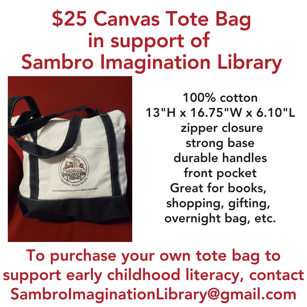 For just $25 you can have this bag, PLUS all the great feels you get when you support a great cause like promoting early childhood literacy in the Sambro area.

 #fundraising #Sambro #sambroimaginationlibrary #earlychildhoodliteracy
