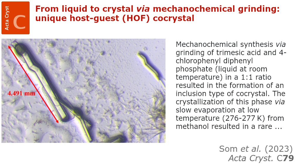From liquid to crystal via mechanochemical grinding <a href="/ActaCrystC/">Structural Chemistry</a> <a href="/IUCr/">IUCr</a> doi.org/10.1107/S20532… <a href="/chm_iiserb/">Dept of Chemistry, IISER Bhopal</a> <a href="/iiserbhopal/">IISER Bhopal</a> <a href="/ugc_india/">UGC INDIA</a> #mechanochemical #synthesis #trimesicacid #phosphate #cocrystal #stairstep #morphology #crystalline #sponge #HOF #crystallography