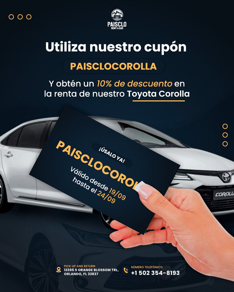 Paisclorentacar's tweet photo. ¡Viaja cómodo y ahorra con Paisclo Rent a Car! 🚗💸

Utiliza nuestro cupón PAISCLOCOROLLA y obtén un 10% de descuento en la renta de nuestro Toyota Corolla. 🤩

⚠️ Cupón válido desde hoy 19/09 hasta el domingo 24/09 

#Toyota #ToyotaCorolla #CyYInvestmentsGroup #PaiscloRentACar https://t.co/piBxBuldYG