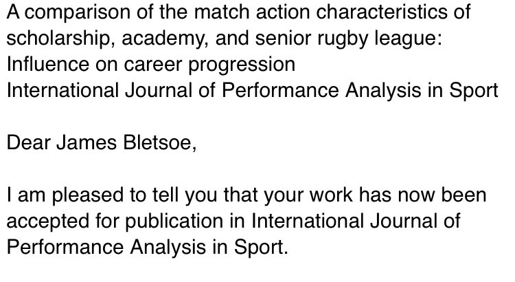 James Bletsoe (@jamesbletsoe87) on Twitter photo Very pleased to get my first PhD study accepted for publication today. Thank you to the team <a href="/ktconditioning/">Prof. Kevin Till</a> <a href="/JamieMPoolton/">Jamie Poolton</a> <a href="/SarahRWhitehead/">Dr Sarah Whitehead</a> <a href="/Tom_Sawczuk/">Tom Sawczuk</a> #ontothenextone Very pleased to get my first PhD study accepted for publication today. Thank you to the team <a href="/ktconditioning/">Prof. Kevin Till</a> <a href="/JamieMPoolton/">Jamie Poolton</a> <a href="/SarahRWhitehead/">Dr Sarah Whitehead</a> <a href="/Tom_Sawczuk/">Tom Sawczuk</a> #ontothenextone