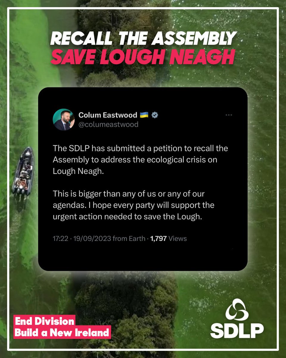 The SDLP has submitted a petition to recall the Northern Ireland Assembly to address the ecological crisis on Lough Neagh. It demands intense, coordinated and cooperative action at every level in response. Sign the petition ans add your support sdlp.ie/save_lough_nea…