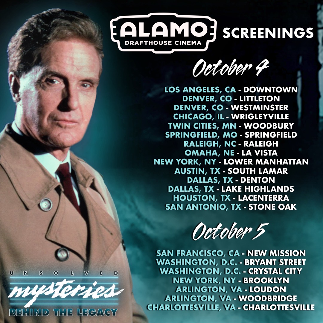 Detectives, do you have your ticket yet? Unsolved Mysteries: Behind the Legacy is coming to a screen near you for a one-night-only event. Some shows are selling fast, so reserve your seat before the trail goes cold! drafthouse.com/show/unsolved-… #UnsolvedMysteries35