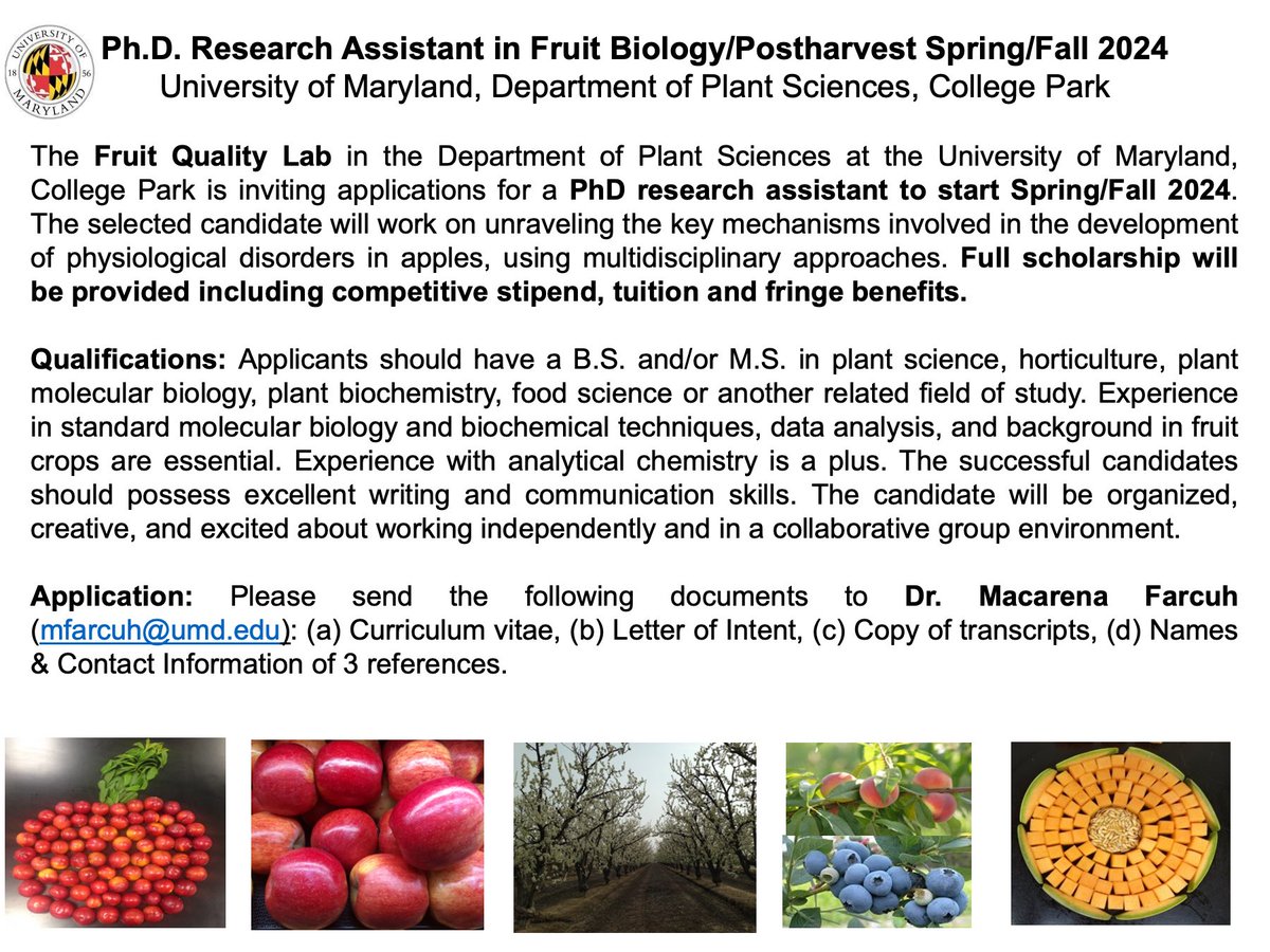 Dr. Macarena Farcuh (@farcuhmacarena) on Twitter photo 📢#PhD position available Spring/Fall 2024 in the #FarcuhLab at <a href="/UMD_AGNR/">College of Agriculture & Natural Resources</a> 📢
If you love #fruits and want to contribute to 🍎quality improvement using integrative approaches, and live in the DC area , contact me: mfarcuh@umd.edu
Please RT! 📢#PhD position available Spring/Fall 2024 in the #FarcuhLab at <a href="/UMD_AGNR/">College of Agriculture & Natural Resources</a> 📢
If you love #fruits and want to contribute to 🍎quality improvement using integrative approaches, and live in the DC area , contact me: mfarcuh@umd.edu
Please RT!