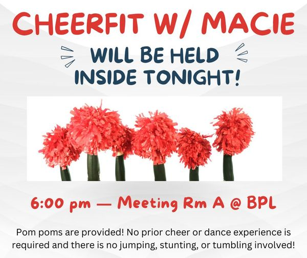 bvillelibrary's tweet photo. CHEERFIT with Macie will be held in Meeting Room A at BPL tonight at 6PM! This class is free and open to the public.

#BPLibraryLife #freeclasses #fitness #cheerfit https://t.co/YtQwuYpjqi