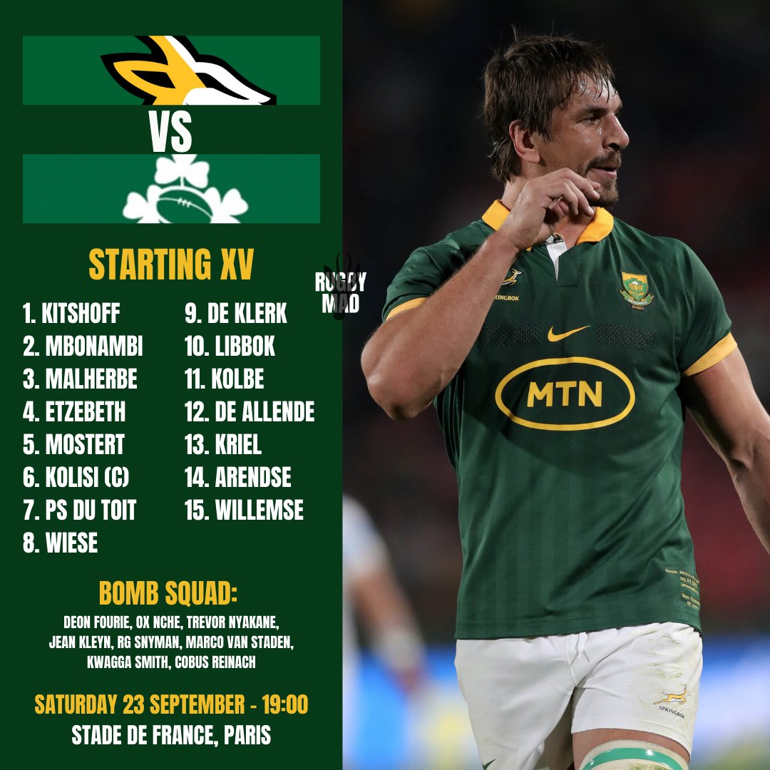 jaredwright17's tweet photo. 🇿🇦 THE SPRINGBOKS TEAM TO FACE IRELAND!

🔥 7-1 split on the bench.
💪 Eben Etzebeth returns!

#RSAvIRE #RWC2023 #RSA https://t.co/lfnTS7l6fl