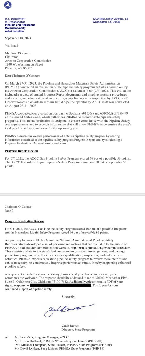CorpCommAZ's tweet image. Great news! The Commission has received full points for both our Gas and Hazardous Liquid Pipeline Safety Programs, per a recent evaluation by the U.S. Department of Transportation's Pipeline and Hazardous Materials Safety Administration. #PipelineSafety #FullScore #PHMSA