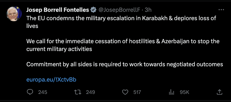 When Russia shells Ukraine, it is committing "relentless attacks against civilians."

When Azerbaijan shells Nagorno-Karabakh, it is...doing some military activities.

EU values.