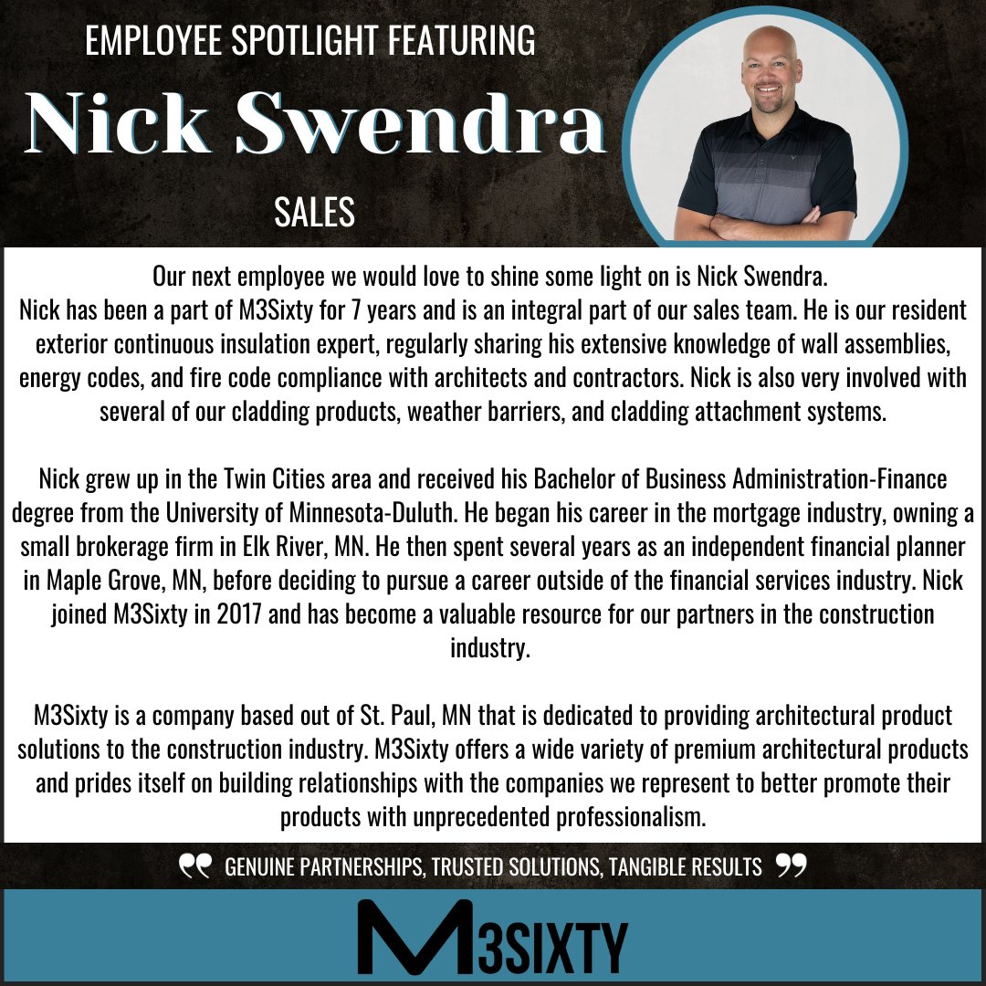 M3Sixty's tweet photo. Our next employee we'd love to share with everyone is Nick Swendra! 

Nick has been with M3Sixty for over 7 years and is a vital part of our sales team thanks to his vast depth of knowledge and great communication skills.

#sales #construction #salesconstruction #womenowned https://t.co/AqB5MTdwax