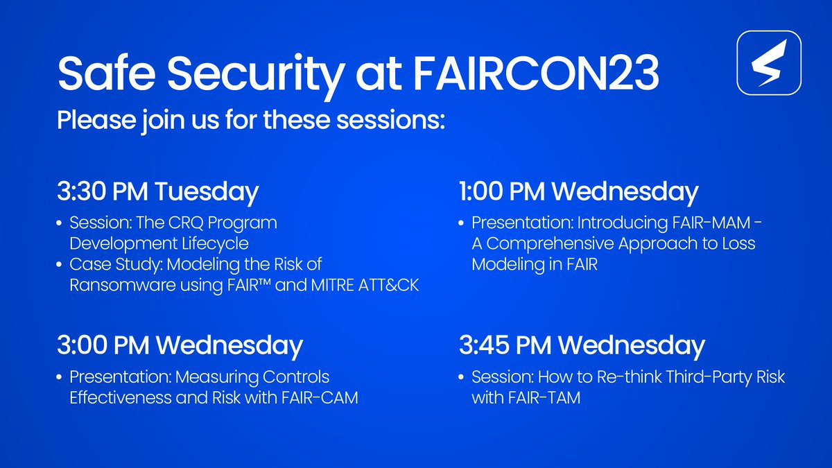 RiskLens's tweet photo. ⚡️ Join us for the definitive conference on AI and #cyberrisk. Find out why you should be in Washington on October 17th and 18th for #FAIRCON: https://t.co/OKzlZEOrvW

If you haven't registered already, visit: https://t.co/Tsa9MOii1b

#cybersecurity #cyberriskmanagement #crq https://t.co/dyr5FFkFuA