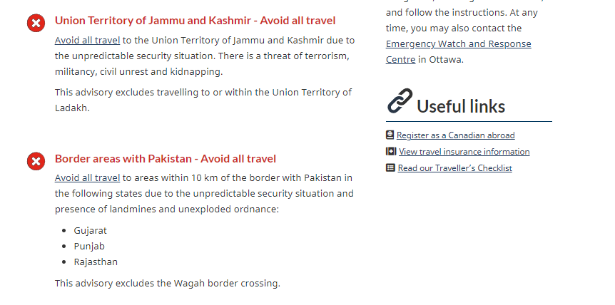 #Breaking: #Canada issues #TravelAdvisory for #India over 'Threat Of #TerroristAttacks' amid #KhalistanRow

'Avoid all travel to the Union Territory of Jammu and Kashmir due to the unpredictable security situation. There is a threat of terrorism, militancy, civil unrest and…