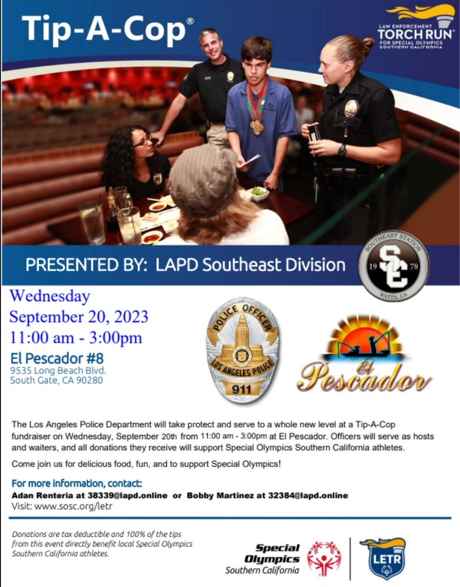 #LAPD #TipACop #SpecialOlympics Join us tomorrow September 20th from 11am-3pm