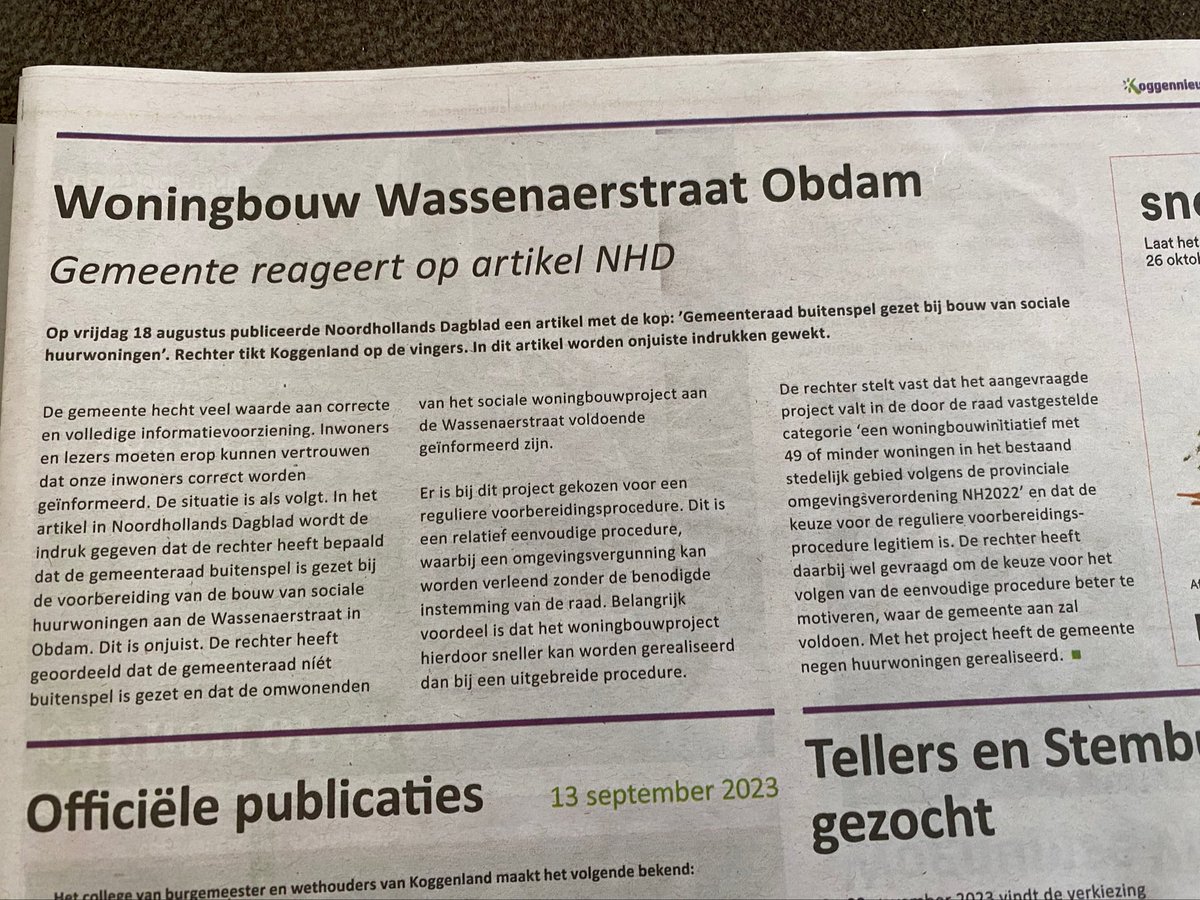 Informatie gemeente Koggenland niet correct.
Kijk op uitspraken.rechtspraak.nl en tik als zaaknummer HAA22/2372 en u leest wat de rechtbank daadwerkelijk heeft gezegd. #koggenland#vertrouwen#procedure#rechtspraak#openbaarbestuur#rectificatie#transparant#gemeente#koggennieuws#nhd