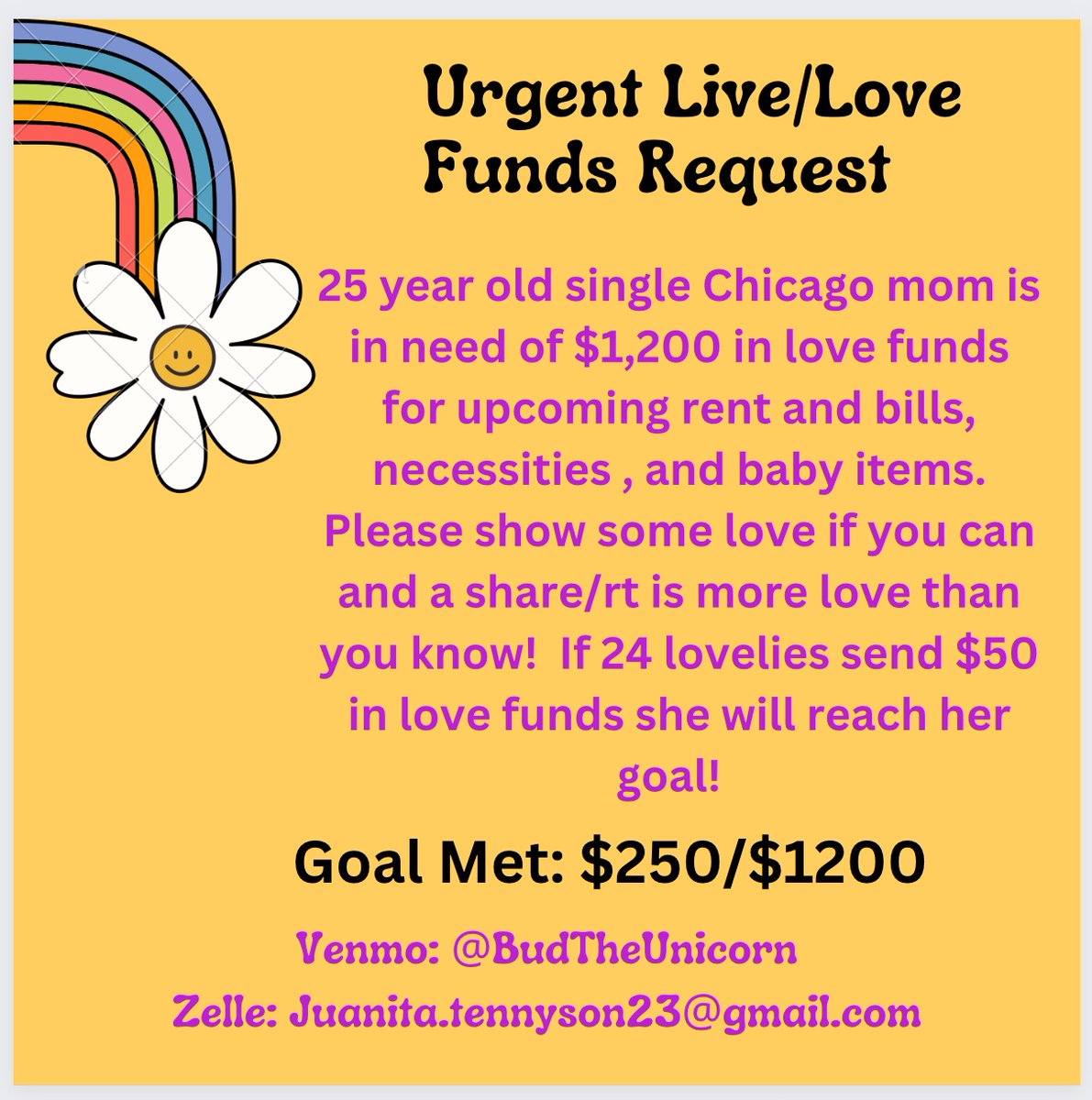 25 year old single Chicago mom is in need of $1,200 in love funds for upcoming rent and bills and baby items. Please show some love if you can. A rt is more love than you know! 

💙Venmo: @BudTheUnicorn💙
💚Zelle: Juanita.Tennyson23@gmail.com💚