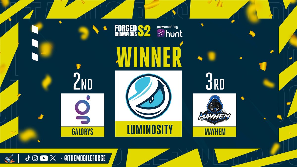🏆 <a href="/Luminosity/">Luminosity Gaming</a> are your Forged Champions S2 WINNERS!

👤 <a href="/imMarshy_/">Marshy</a>
👤 <a href="/_Tectonic_/">Tectonic</a>
👤 <a href="/imVaguee/">Vague</a>
👤 <a href="/BannedKN/">Banned</a>
👤 <a href="/WashyToppy/">Washy 🇵🇭</a>
👤 <a href="/envycxx/">envycx</a>
👤 <a href="/hippo_TK/">Hippo</a>
👤 <a href="/Clout006/">Clout</a>

📌 Powered by:
<a href="/HuntAppNetwork/">Hunt App</a> <a href="/TheMobileForge/">The Mobile Forge</a>