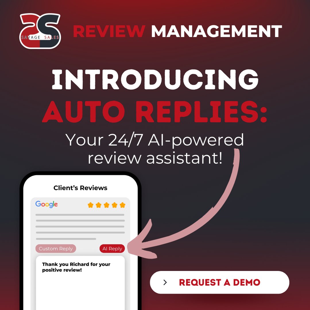 Effortlessly respond to reviews with our AI powered Auto replies! 

Our review management system is improving and we are excited to announce this new feature! 

Message us for a Demo!

#savagesales #aireviews #reviewmanagement