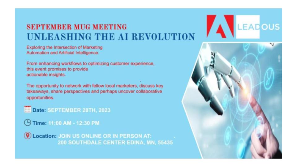 LEADOUS_US's tweet photo. Come join us, virtually or in-person,  for the Minnesota Adobe Marketo User Group Event!

It's not too late to RSVP! 
https://t.co/7p9RJJy7z5 https://t.co/1RbJby6yW6