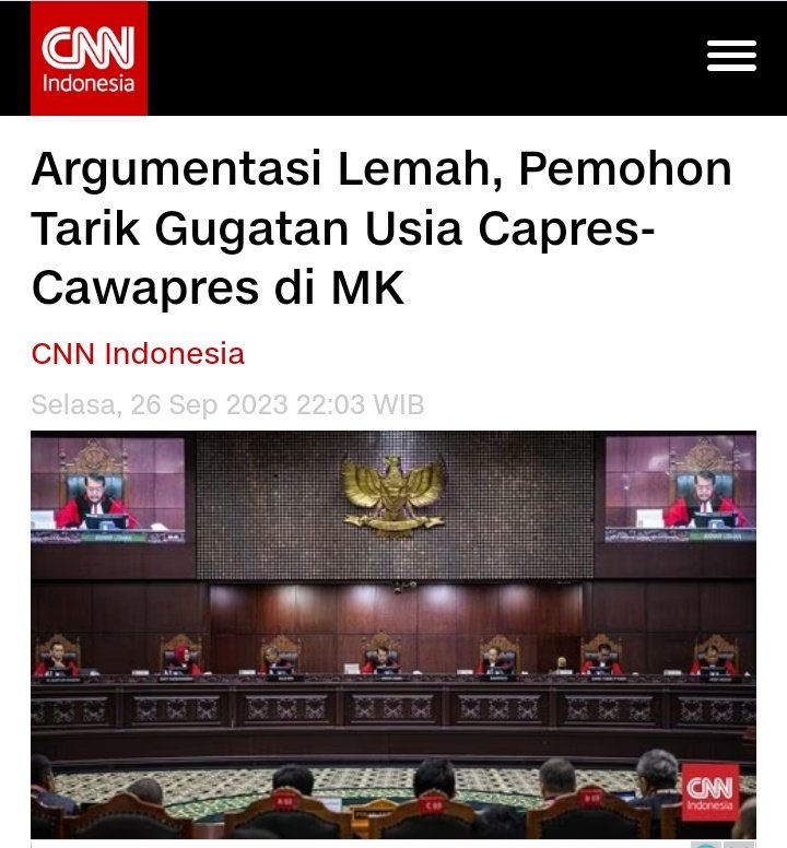 Denny Siregar (@dennysirregar) on Twitter photo Udahlah <a href="/officialMKRI/">Mahkamah Konstitusi</a> semakin dekat pendaftaran Pilpres mbok ya jangan kasih keputusan aneh2 yang bikin gejolak...
Tunda aja sampe Pilpres selesai. Saya dukung batas usia minimal 35 dan maksimal 70 kok, tapi jangan sekarang. Rentan di plintir.. Udahlah <a href="/officialMKRI/">Mahkamah Konstitusi</a> semakin dekat pendaftaran Pilpres mbok ya jangan kasih keputusan aneh2 yang bikin gejolak...
Tunda aja sampe Pilpres selesai. Saya dukung batas usia minimal 35 dan maksimal 70 kok, tapi jangan sekarang. Rentan di plintir..