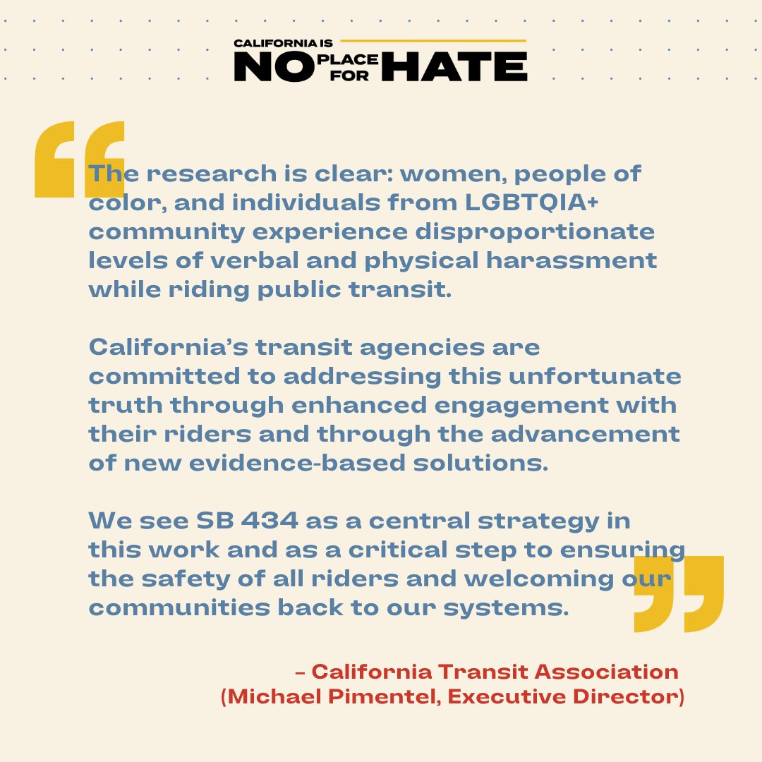 Just as transit safety is critical in rebuilding public transit, #SB434 is critical in increasing transit safety.
@CAGovernor @GavinNewsom, this can’t wait. Please join @MPimentel88 (@CalTransit) in the fight to protect transit riders by signing #SB434. #NoPlaceForHateCA