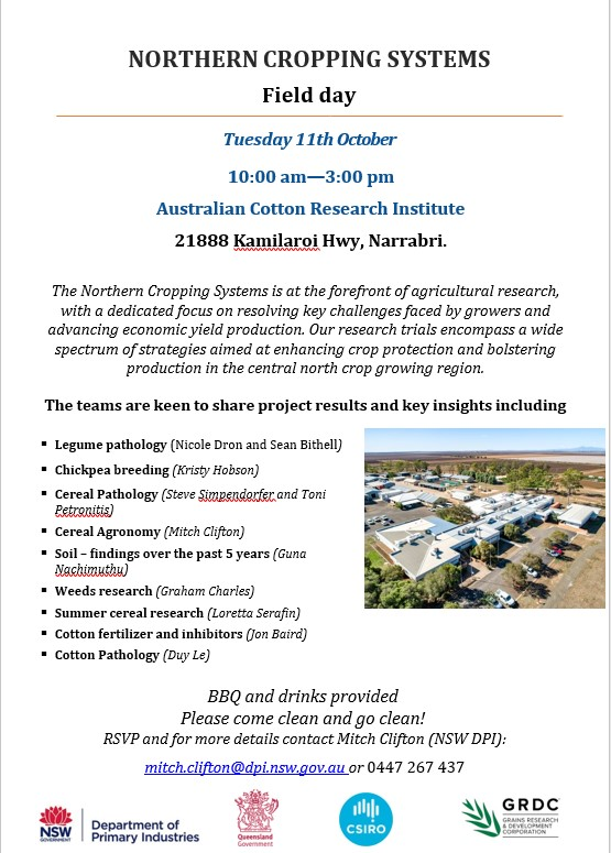 📆NARRABRI Field Day: Tuesday, 11th Oct 📆 Including: 🟧Soils 🦠Disease 🌿Chickpeas 🚜Agronomy 🌾Summer crops 🌱Weeds .........& FREE lunch🥪 @nswdpi @GRDCNorth @CottonResearch @s_simpfendorfer @ToniPetronaitis @jonobaird @DuyLe15069637 @kbhobbo @DronNicole @CSIRO @theGRDC