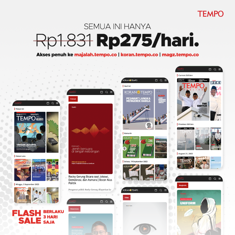 tempodotco's tweet photo. Flash Sale Akhir Bulan! Diskon 85% dari Rp1.831/hari jadi Rp275/hari untuk akses penuh ke Tempo Digital Premium selama 12 bulan! 

Promo ini hanya berlaku 3 hari saja untuk pelanggan baru. Yuk, segera gunakan promonya, Sahabat Tempo!