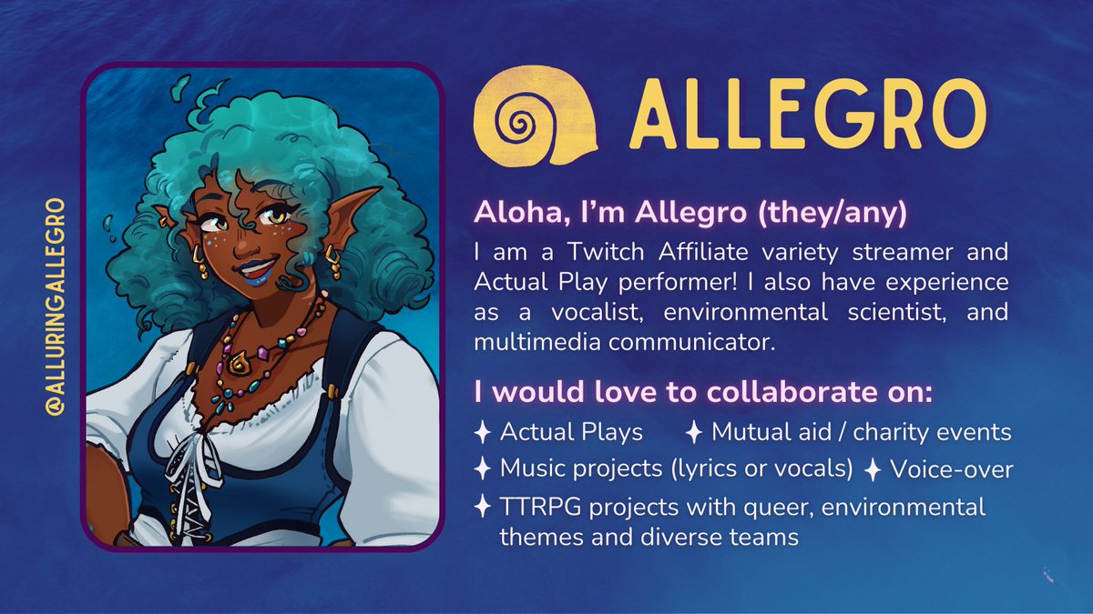 alluringAllegro's tweet image. Aloha, I&apos;m Allegro ✨ Let&apos;s work together!

I&apos;m a queer, mixed Black-AAPI @Twitch streamer and performer. I love TTRPGs, environmental justice, emotional stories, and singing!   

📨alluringallegro@pm.me (or private messages)