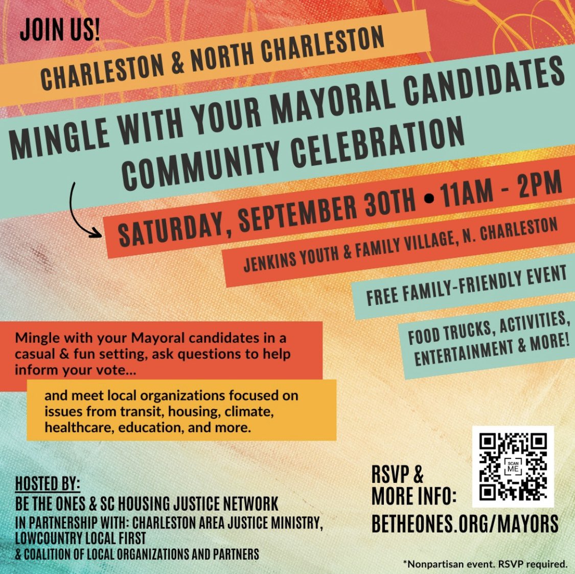 Join us Sept. 30th for the ONLY #Lowcountry civic & electoral program of its kind - not a debate or forum - intentionally designed to center community needs & reimagine civic participation. 14 #CHS & #NorthCharleston Mayoral candidates confirmed to attend. More info in thread.