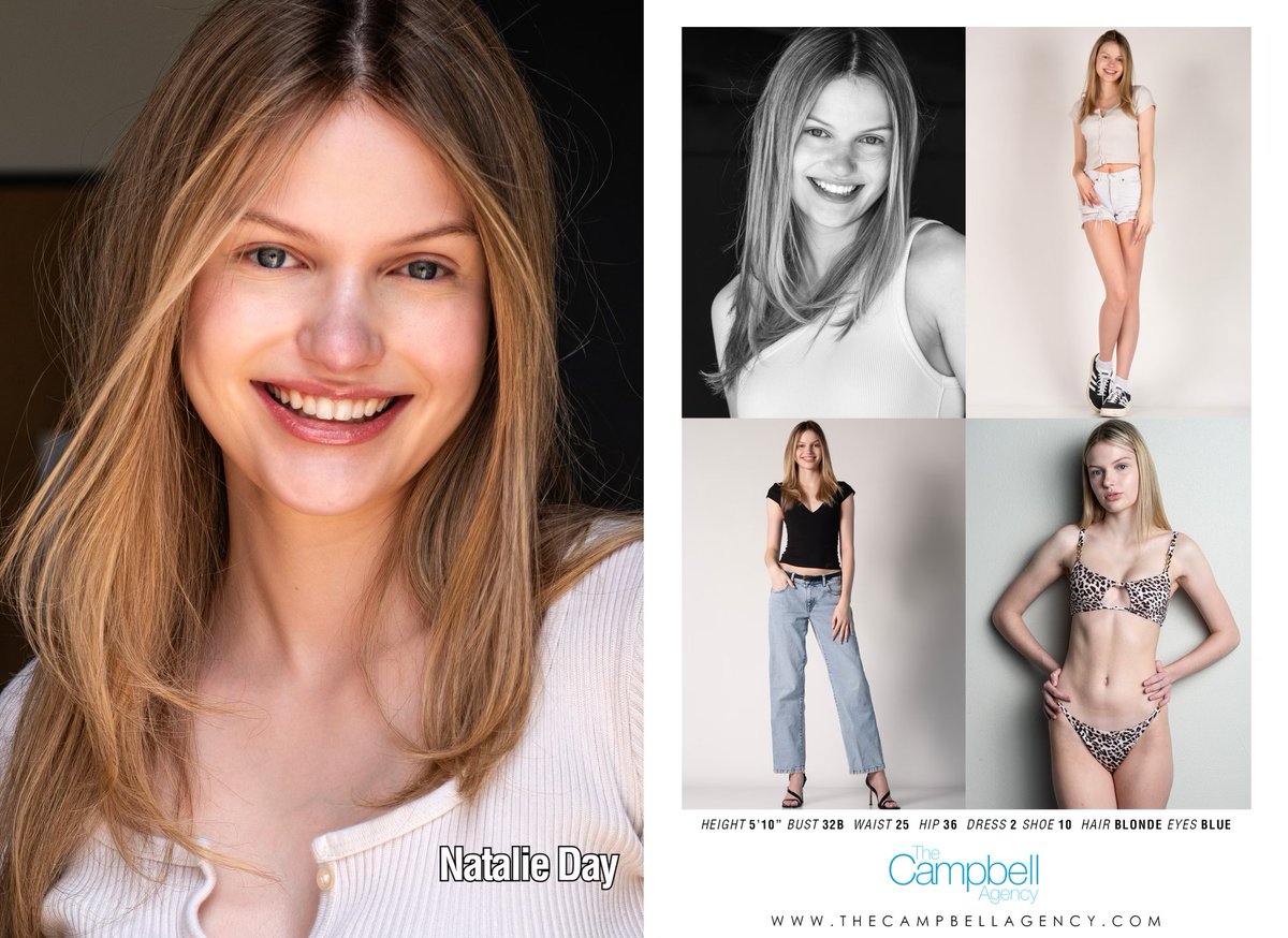 New comp card for model Natalie Day, represented by The Campbell Agency, with photos from our past agency tests.