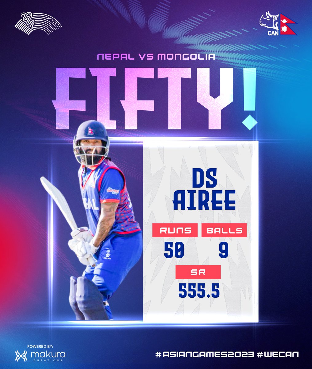 🏆 Match Day 01 🇳🇵🇲🇳 🏏
DS Airee gets his half century 🔥

#weCAN #AsianGames