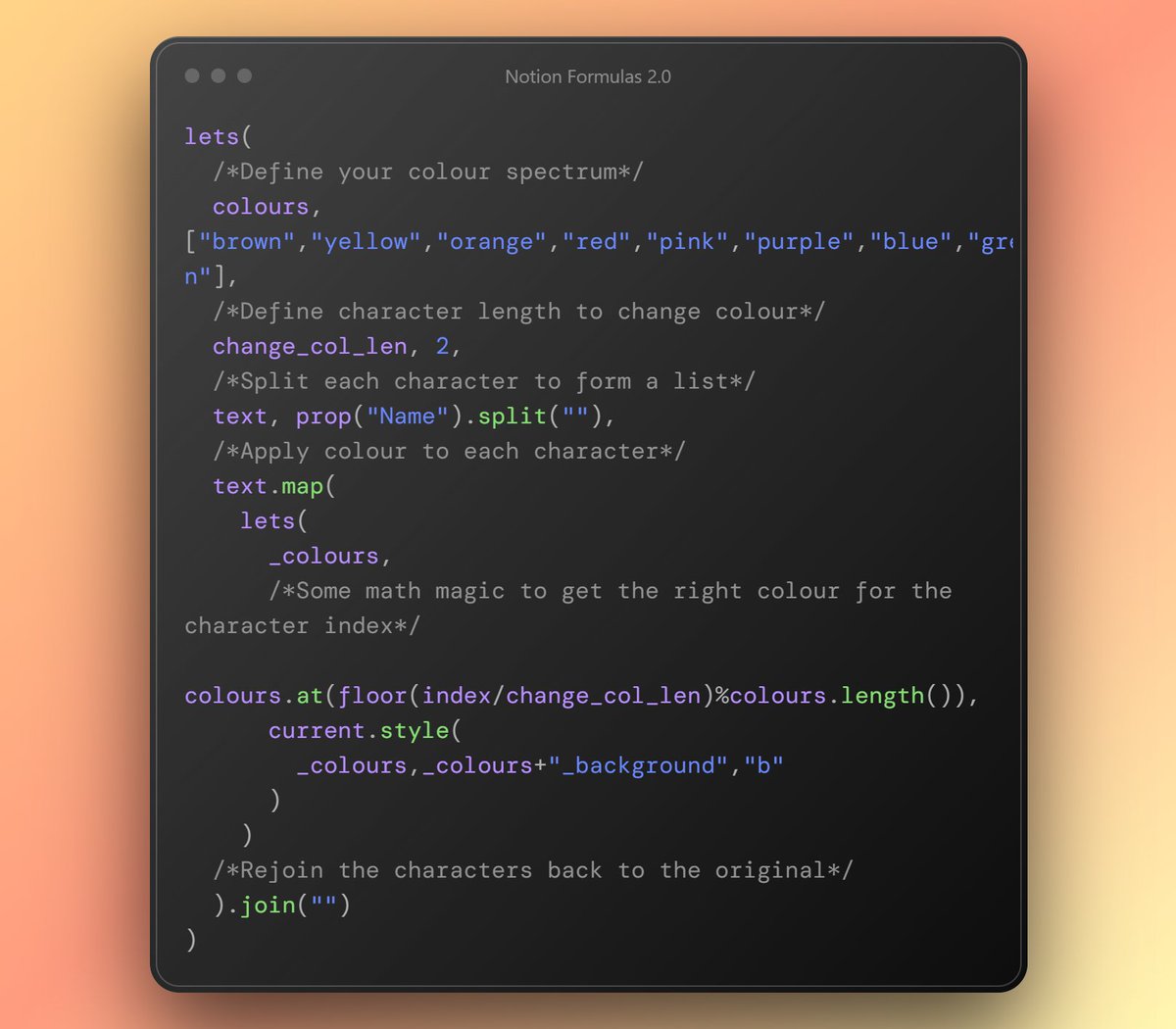 PurpleNotion's tweet image. Day 10: Rainbow font.

This is a replication of a formula shared by the brilliant @yoshihiko_k, and it&apos;s surprisingly simple!

What you&apos;ll need: Just the title property, the magic is in the formula 🔥

Use case: Wherever you want to sprinkle some colour!