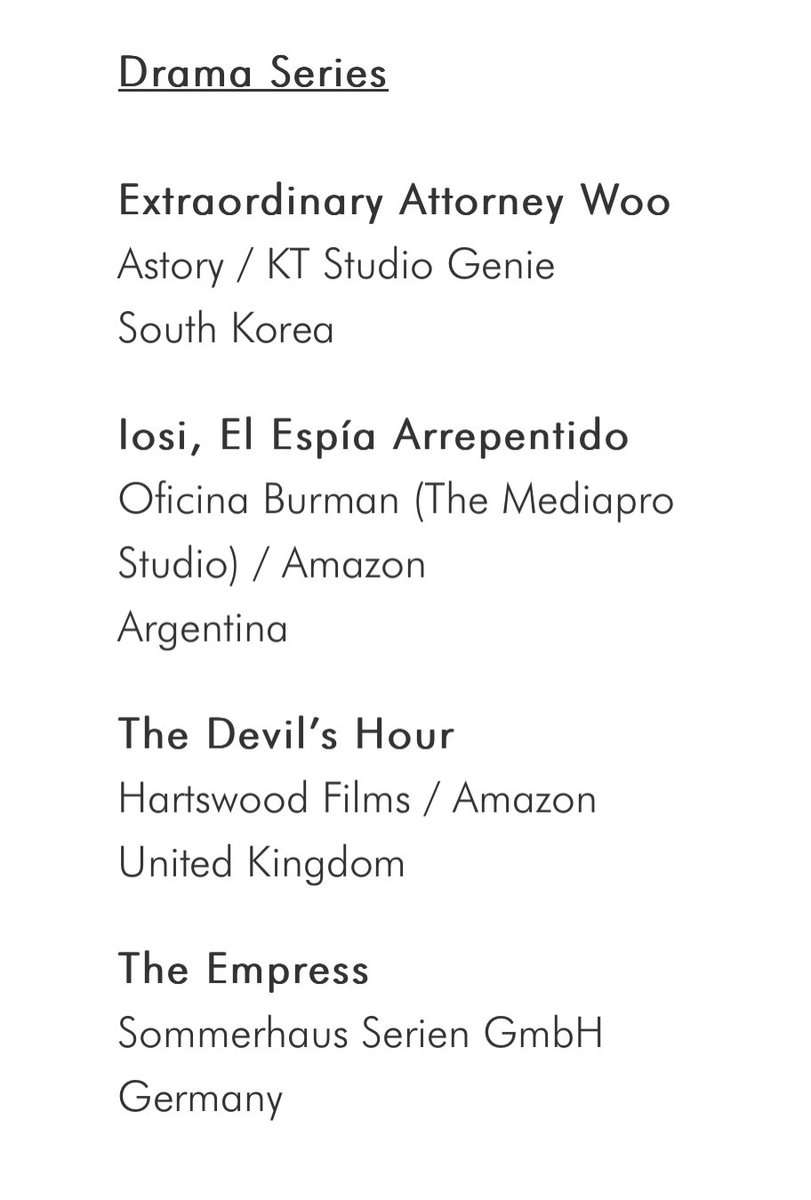 [INFO]

Congratulations! #ExtraordinaryAttorneyWoo is nominated for the Drama Series category in the 2023 International Emmy Awards. 🥳

Winners will be announced on Nov 20, 2023.

🔗: iemmys.tv/programs-perfo…

#ParkEunBin #박은빈 #朴恩斌  #パクウンビン
