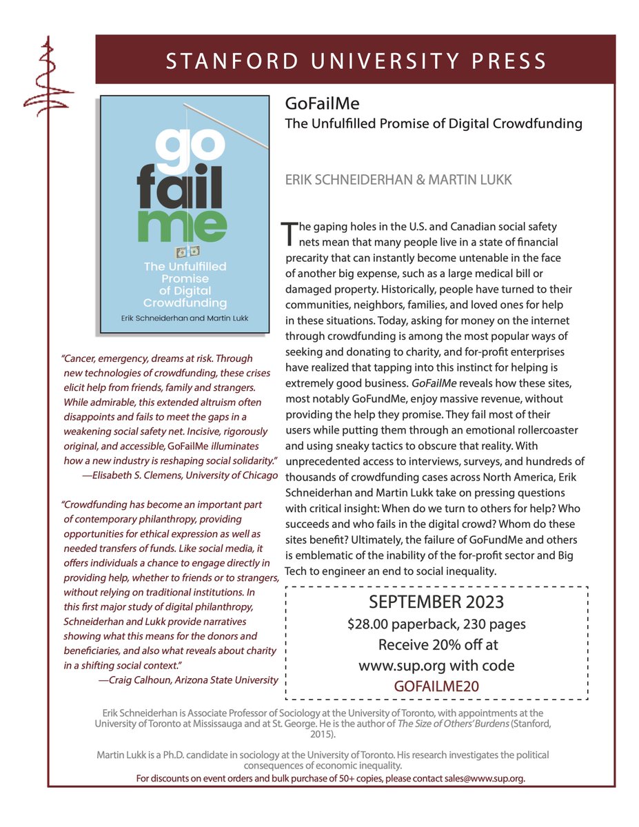 Martin Lukk (@martin_lukk) on Twitter photo My book w/ <a href="/E_Schneiderhan/">Erik Schneiderhan</a> is OUT TODAY! ๐ฅณ
We look at why+how people try to raise money online for basic needs, and find that services like <a href="/gofundme/">GoFundMe</a> fail most of their users while touting themselves as cures to today's affordability crises.
โจGet it 20% off <a href="/stanfordpress/">Stanford Press</a>!โจ My book w/ <a href="/E_Schneiderhan/">Erik Schneiderhan</a> is OUT TODAY! ๐ฅณ
We look at why+how people try to raise money online for basic needs, and find that services like <a href="/gofundme/">GoFundMe</a> fail most of their users while touting themselves as cures to today's affordability crises.
โจGet it 20% off <a href="/stanfordpress/">Stanford Press</a>!โจ