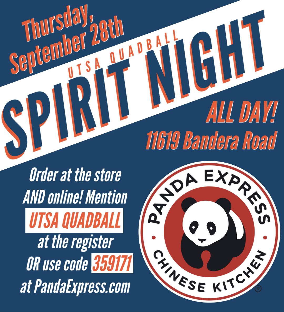 Join us this Thursday, September 28th for our first SPIRIT NIGHT of the year! It’ll be at Panda on Bandera Road! 🐼

Stay tuned for more exciting fundraisers! See y’all at Panda!