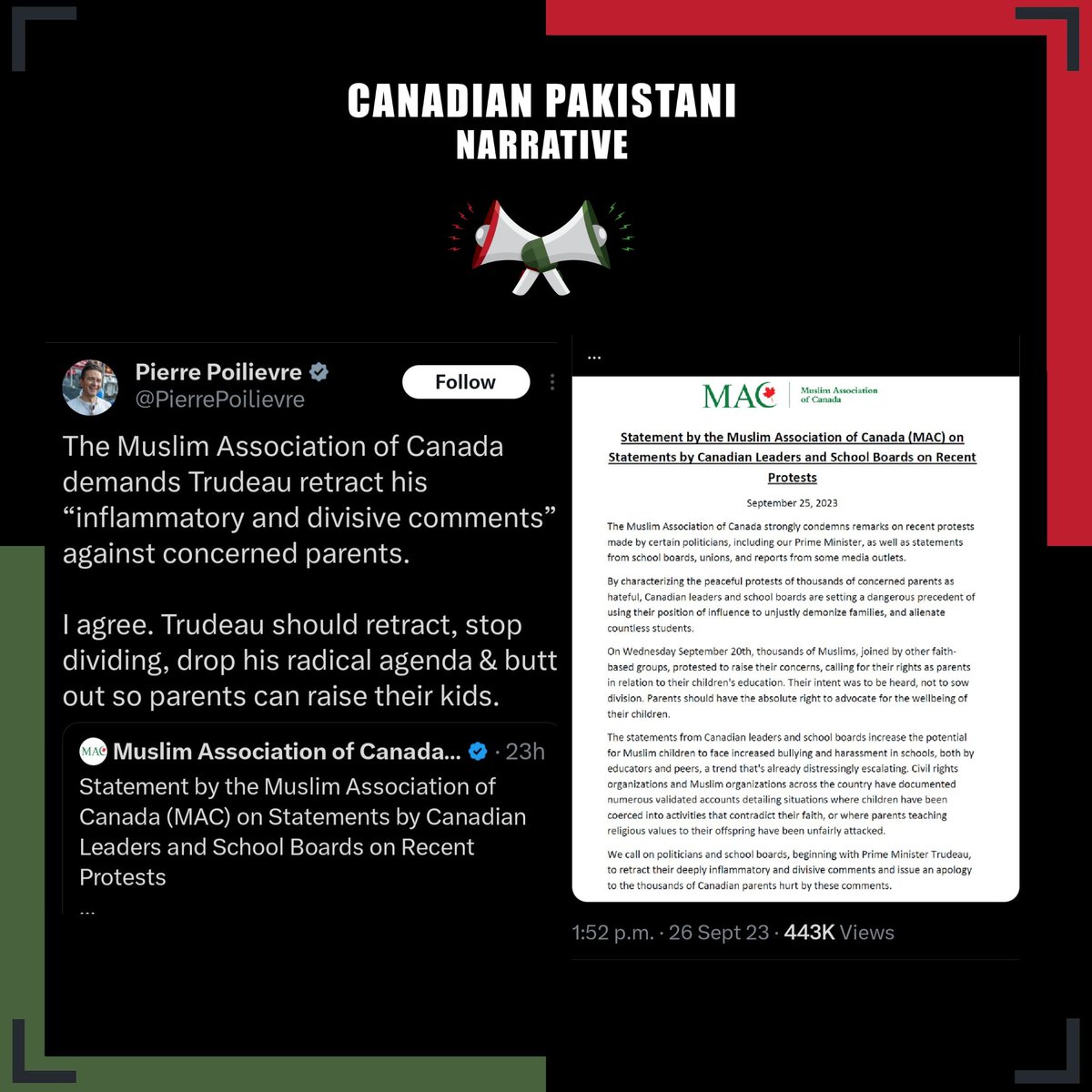 CanPakNarrative's tweet photo. Thank you,@CPC_HQ Leader, @PierrePoilievre for your support and for standing alongside the Muslim community in response to the "inflammatory and divisive comments" made by Justin Trudeau and other politicians.

https://t.co/vvObwcVxZi

#PirrePoilievre #JustinTrudeau #Liberals https://t.co/rNpDP8AAE2
