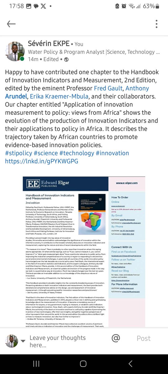 SeveEkpe's tweet photo. Happy to have continued to chapter 22 of the 2nd Ed. of the Handbook of Innovation Indicators and Measurement on @ElgarPublishing, edited by the eminent Prof. @fredgault and collaborators.
https://t.co/BGAqWUlnVo https://t.co/wzQjYP8S5G
