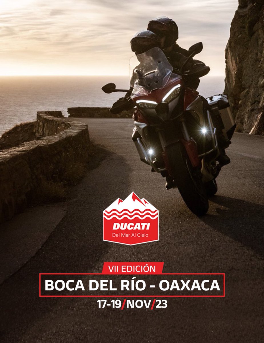 MexicoDucati's tweet photo. #Ducatista, ¡participa en la séptima edición de Del Mar al Cielo el próximo 17 a 19 de noviembre de Boca del Río a Oaxaca!
Regístrate en https://t.co/aa6ZnDi89W , adquiere tu boleto, y vive una experiencia de viaje increíble con más Ducatisti.
#DMAC2023 #DelMarAlCielo #DucatiMx https://t.co/tgh9ls34Qw