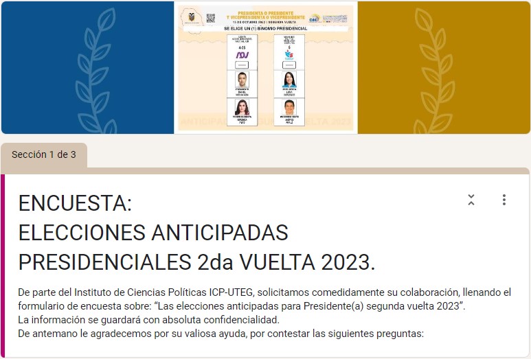 Estimadas(os) por favor, llenar #Encuesta de elecciones 2da vuelta #Ecuador2023. Elegir su preferido: #DanielNoboa  o #LuisaGonzalez   Encuesta realizada bajo responsabilidad académica de Instituto <a href="/UTEG_ICP/">Instituto Internacional de Ciencias Políticas</a> de la <a href="/UTEG_ec/">UTEG</a> has clic en el enlace 👇
lnkd.in/gdqKbFT8