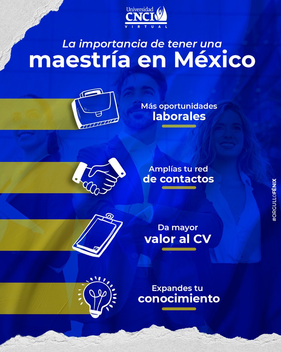✨Nuevas puertas se abren cuando se obtiene una maestría.✨

En México el tener una especialización puede darte grandes oportunidades tanto como laborales como económicas. 💼

#EstudiaEnCNCI #OrgulloFénix 💙