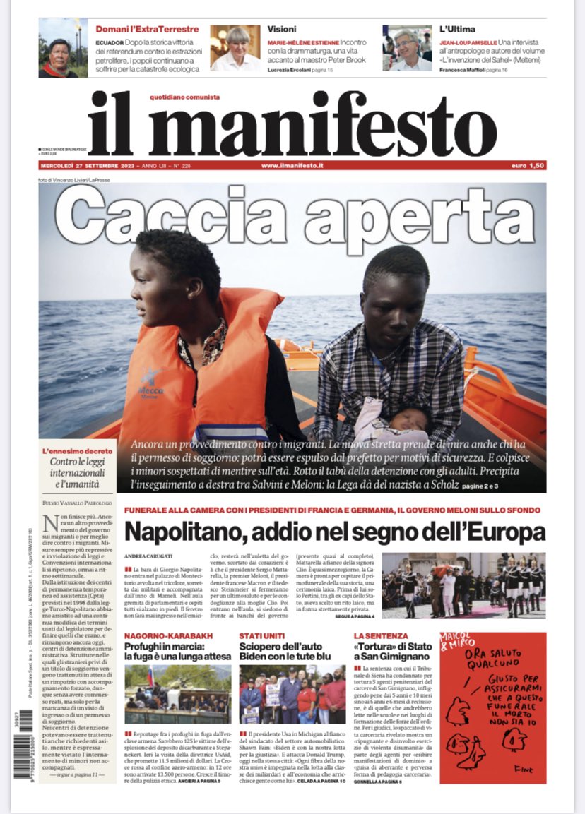 ilmanifesto's tweet photo. Ancora un provvedimento contro i migranti. La nuova stretta prende di mira anche chi ha il permesso di soggiorno: potrà essere espulso dal prefetto per motivi di sicurezza. E colpisce i minori sospettati di mentire sull’età #ilmanifesto #laprima https://t.co/F8oVpHqJBC