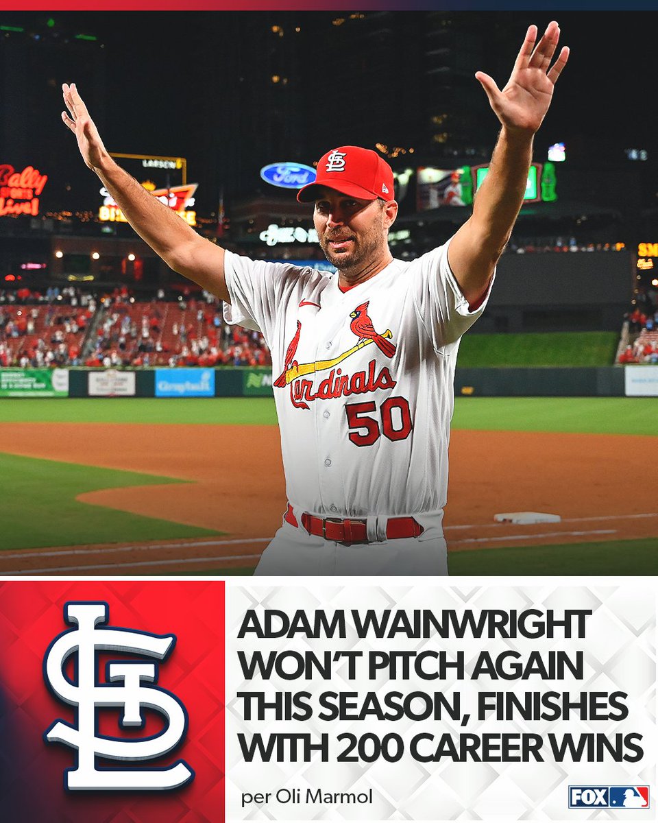 MLBONFOX's tweet photo. Adam Wainwright has thrown his final pitch in 2023, per Cardinals manager Oli Marmol.

Wainwright threw 7 scoreless innings in his final start on September 18th, earning career win #200 👏 https://t.co/49U5KCGEAu
