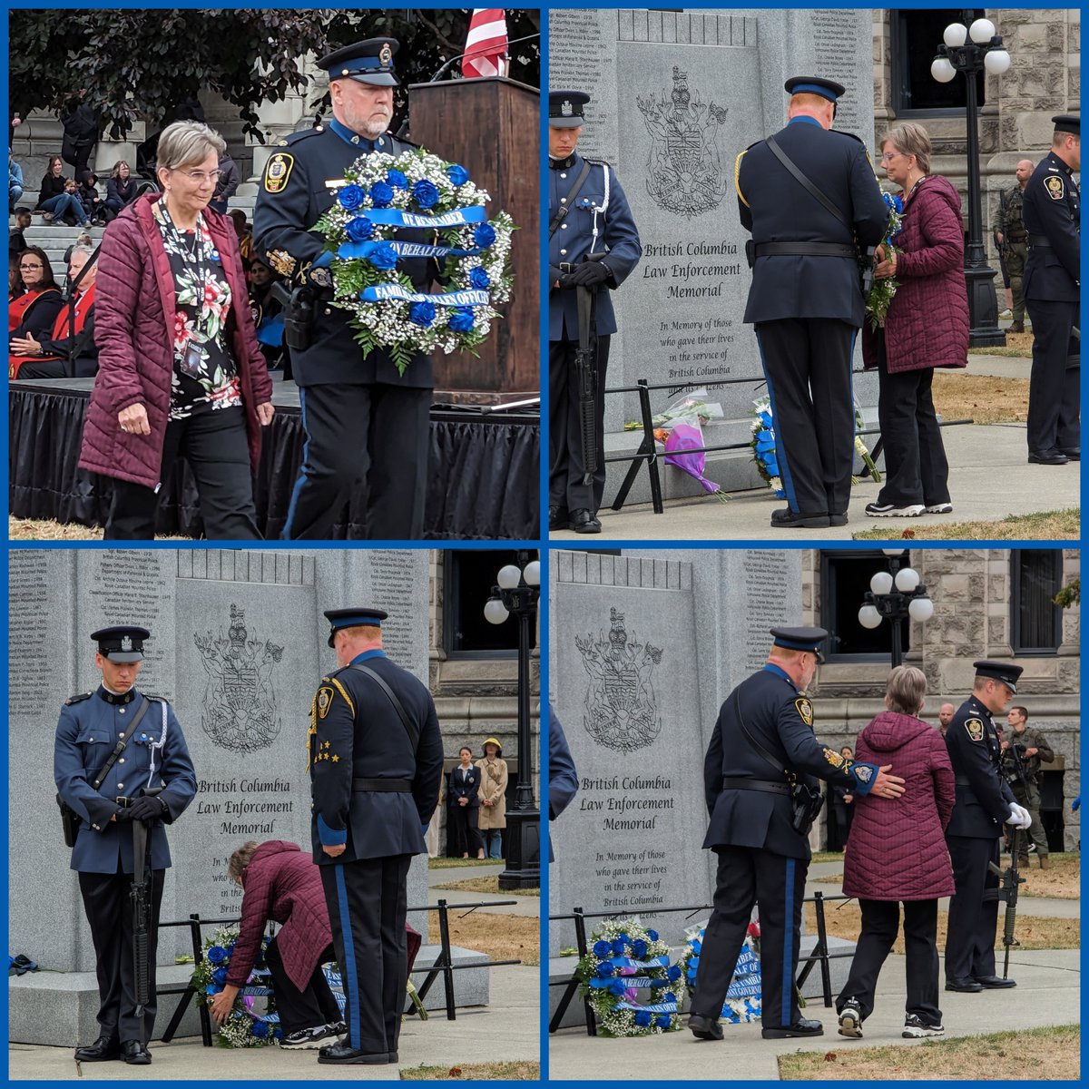 BCLEMemorial's tweet image. Laying of a wreath by the family of a fallen member is a poignant moment of the #BCLEM Service.

Representing Families of the Fallen, was Sheila Trentham, daughter of R/Insp Stan Trentham @VancouverPD.

#LODD: 16September1963.

#FallenButNotForgotten #EOW 
x.com/BCLEMemorial/s…