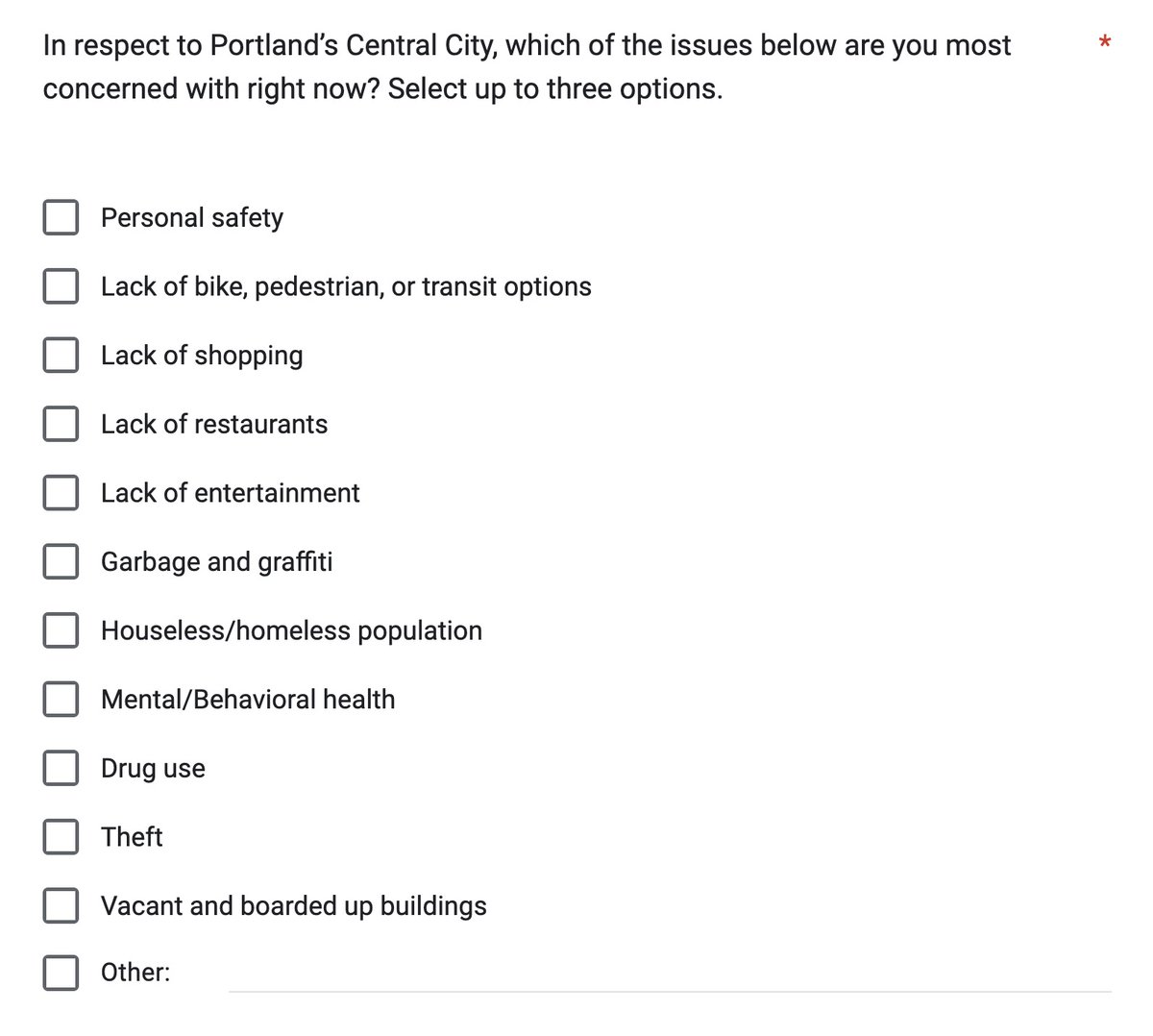 BikePortland's tweet photo. Good to see the Gov @TinaKotek Portland Central City Task Force survey includes bike/ped/transit as a choice! Take the survey and let them know the value in using bike/walk/transit to revitalize the central city! 

https://t.co/vk3fXqkP5U https://t.co/9OhWsIqyIp
