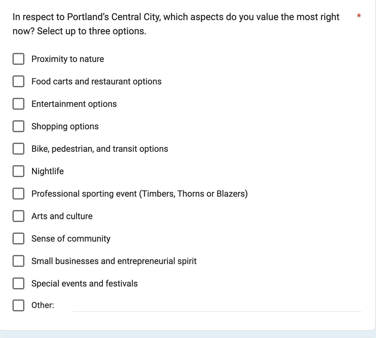 BikePortland's tweet photo. Good to see the Gov @TinaKotek Portland Central City Task Force survey includes bike/ped/transit as a choice! Take the survey and let them know the value in using bike/walk/transit to revitalize the central city! 

https://t.co/vk3fXqkP5U https://t.co/9OhWsIqyIp