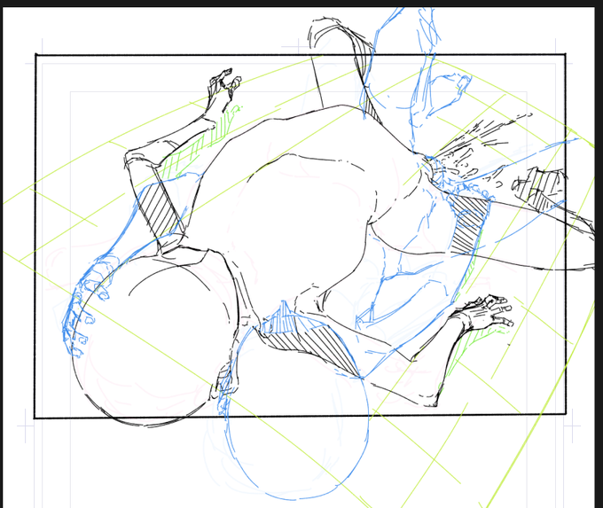 ここまで来るのに5時間くらいかかってる悲しみ
前3Dでアタリとるのも試してみたけど私の欲しい感じから程遠くて秒でリストラしたし、こういう絡みだとデッサン人形も全く役に立たないので自力で鬼書き直しを繰り返すだけしか方法がない😭 