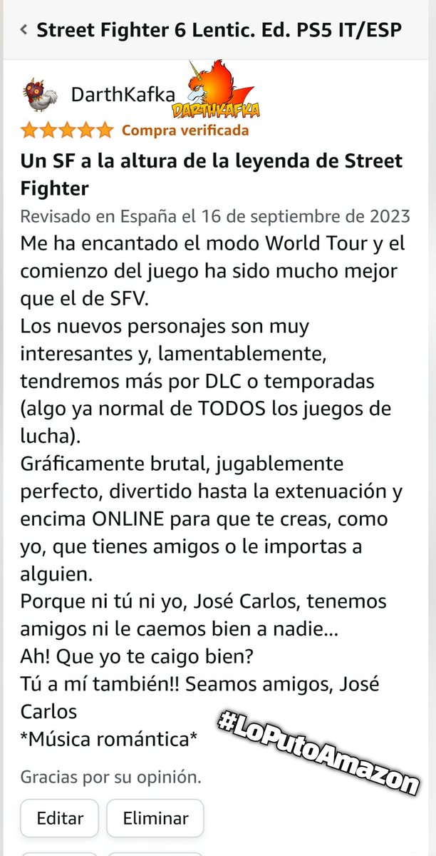 DarthKafka's tweet photo. Os dejo por aquí mi opinión de Street Fighter 6 y si hay que decir que es gloria bendita, se dice...
Que la soledad con SF6, siempre es menos...
#LoPutoAmazon
#Amazon #amazonreviewer #amazonreview #ReviewAmazon #revieweramazon #Review #SF6 #StreetFighter6 #Capcom #streetFighter https://t.co/UBZZuUpuhJ