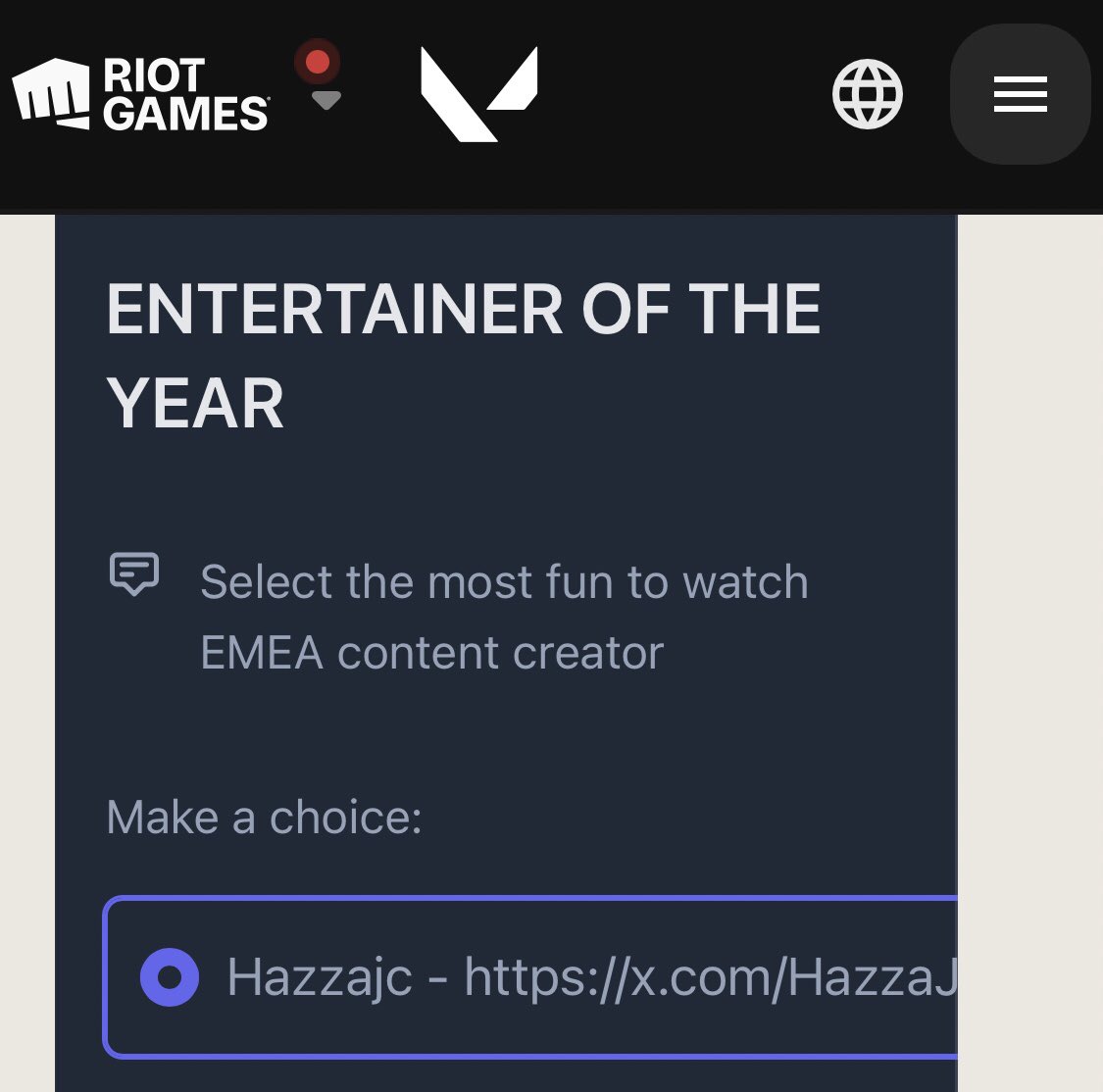 WE’VE BEEN NOMINATED <a href="/valesports_emea/">VCT EMEA</a> entertainer of the year?!

Not the news I was expecting on a Tuesday night, but if you enjoyed #TheScoreboard this year then vote below 💚