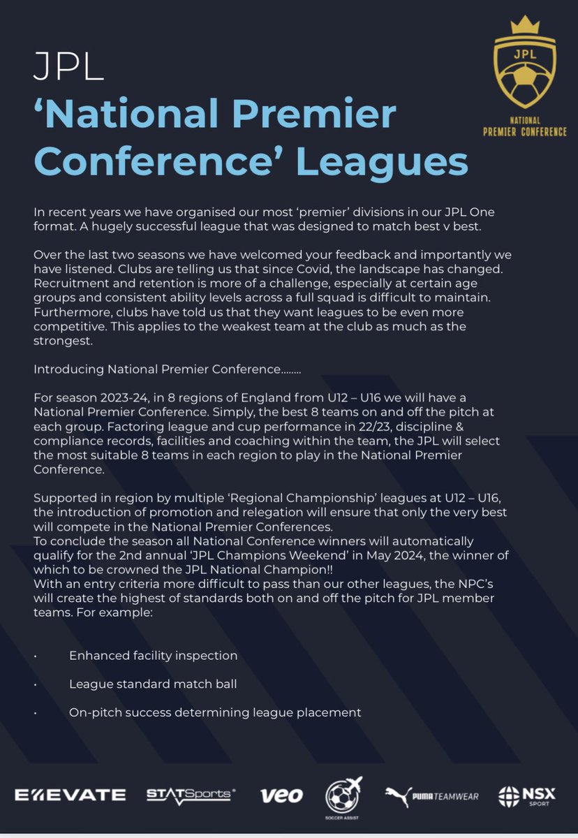 darwenfc_u23s's tweet image. I’m very proud to announce that we’ve been selected to play in @jpluk National Premier Conference League.
For season 2023-24, in 8 regions of England from U12 - U16 the JPL have established the National Premier Conference. Simply, the best 8 teams on and off the pitch.