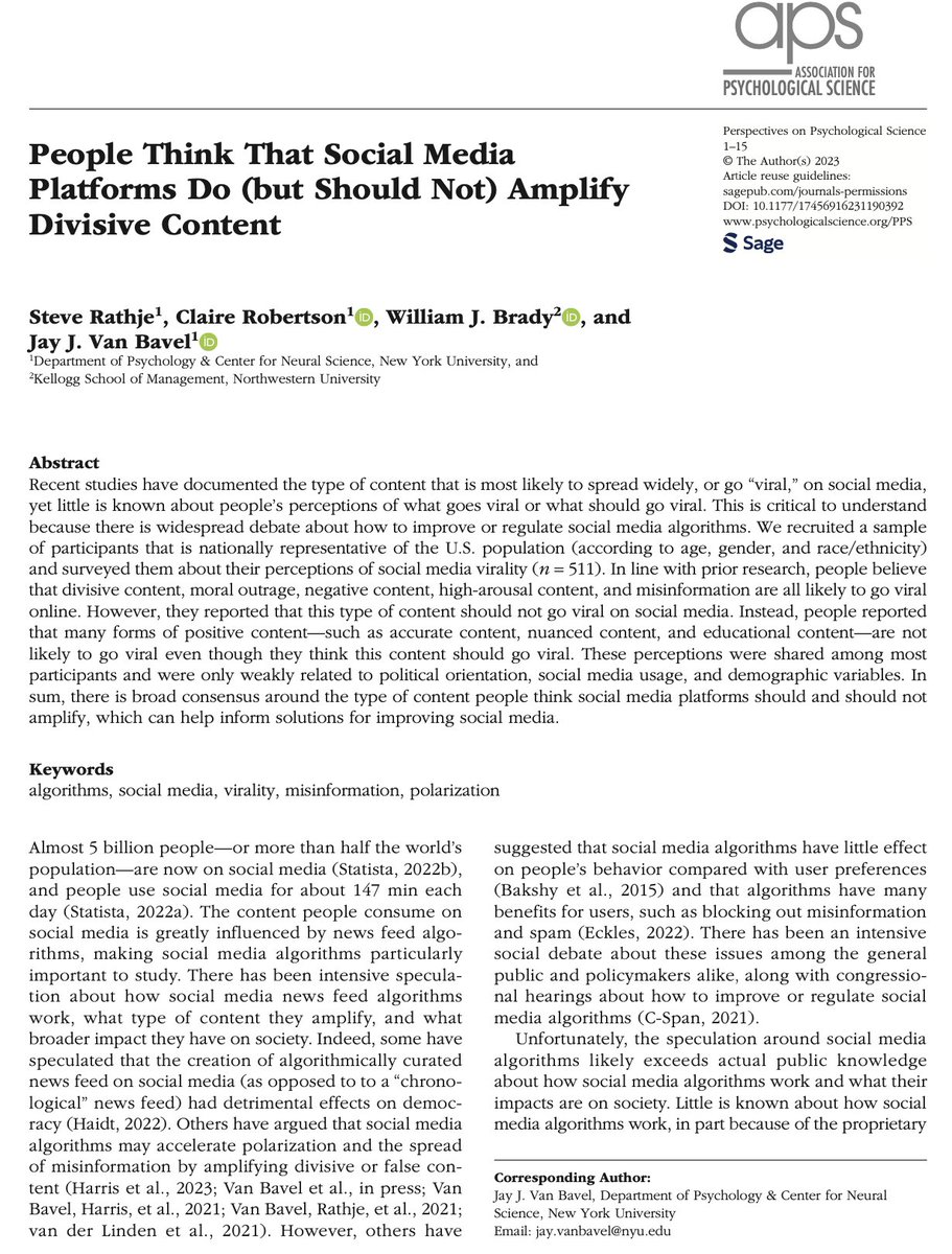 People Think That Social Media Platforms Do (but Should Not) Amplify Divisive Content journals.sagepub.com/doi/10.1177/17…

Our new paper in <a href="/PsychScience/">Association for Psychological Science</a> finds consensus across the political spectrum and demographic groups about the type of content that social media platforms should amplify.