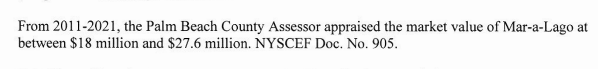 weisselbergers's tweet photo. @EricTrump The judge was citing the Palm Beach County Assessor's appraisal range of $18-27.6MM. He didn't "rule" that Mar-a-Lago was worth $18MM. https://t.co/O27AbzFnLv