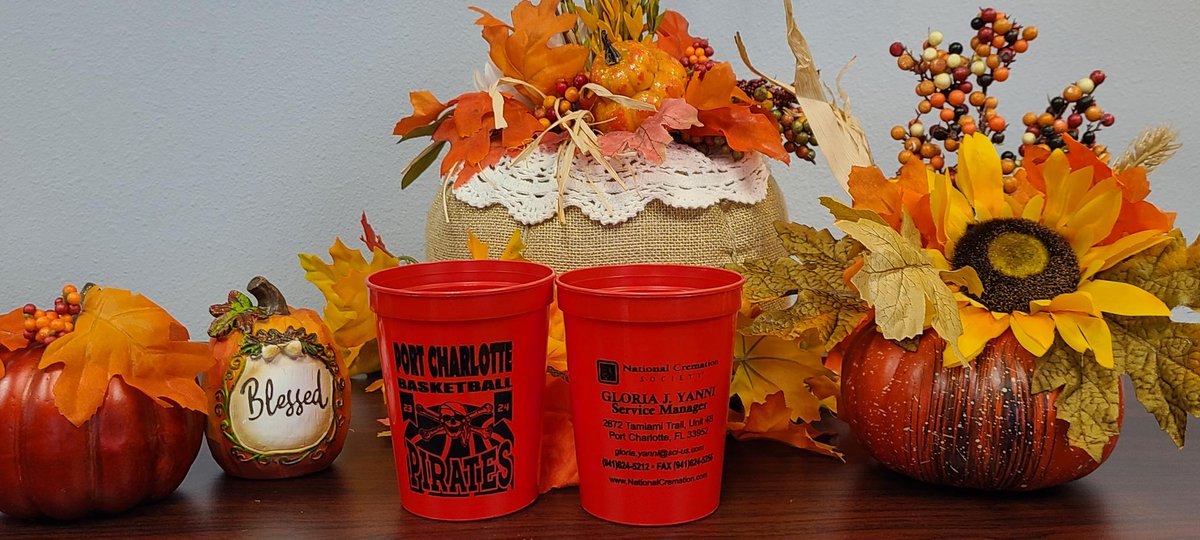NatCremation's tweet photo. Port Charlotte High School needed sponsors for the 2023-24 Basketball Season. The NCS #PortCharlotte team gladly sponsored their stadium cups with the team logo on the front, and Service Manager Gloria Yanni's contact info on the back. They look great. Go Pirates! 🏴‍☠️ https://t.co/iasSp1FFpp