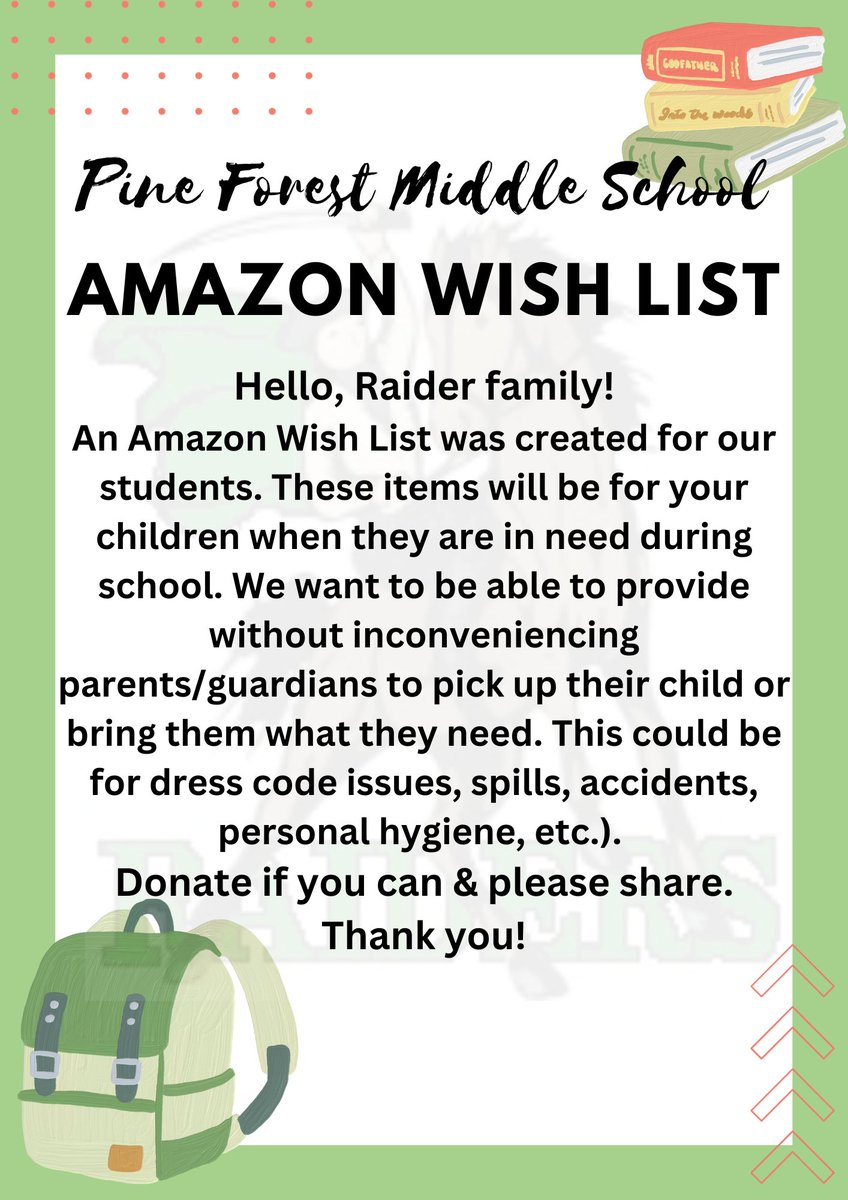 Amazon Wish List for Pine Forest MS Students.
Click on the link if you want to share love to our students. 
tinyurl.com/AmazonWishList…